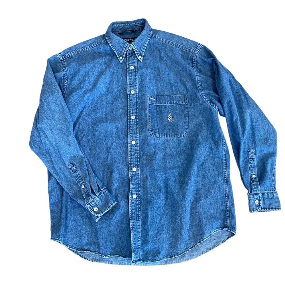 Vintage Nautica Mens Denim Button Up Shirt Blue Long Sleeve Cotton Logo Size L